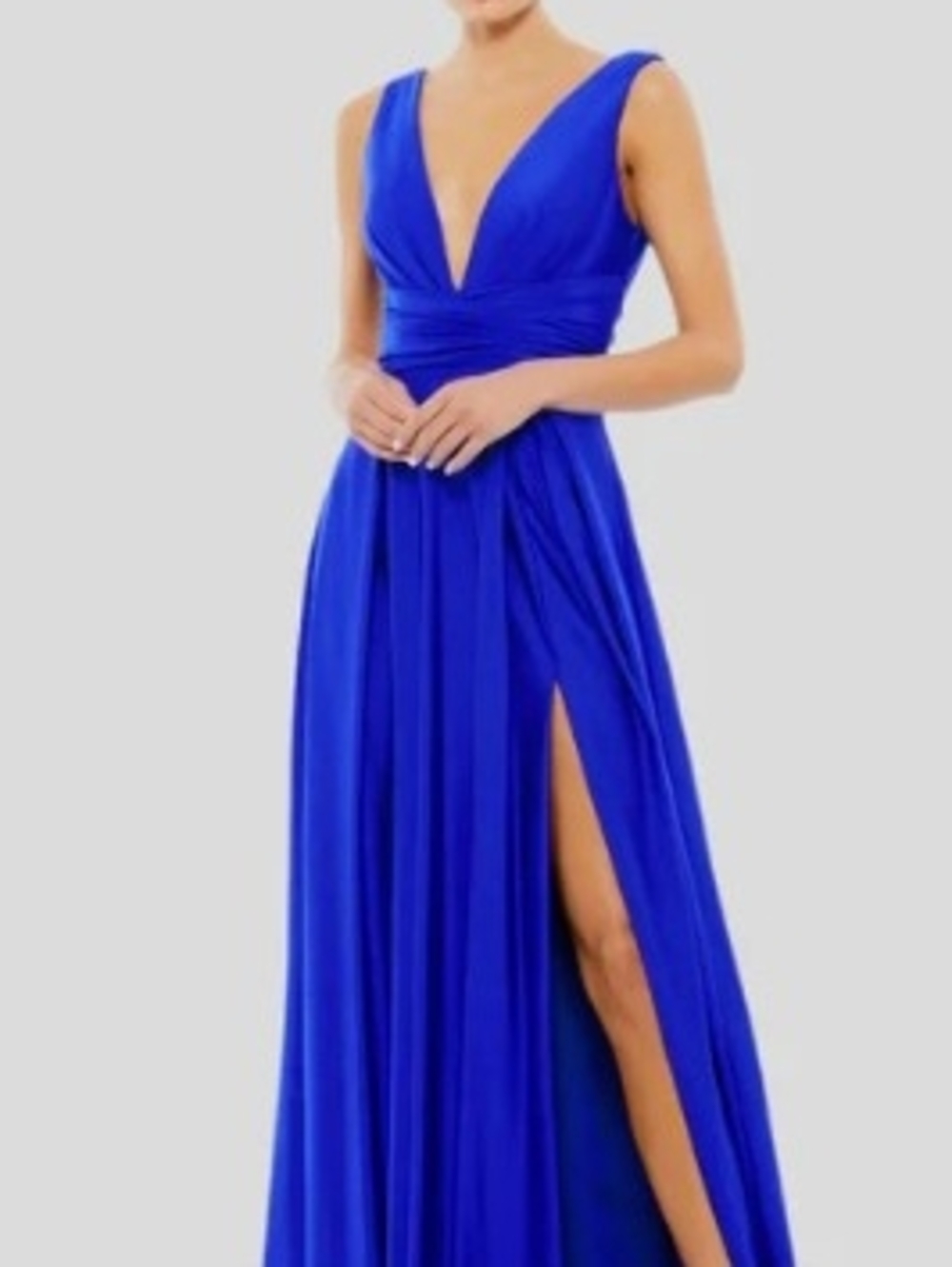 Mac Duggal Royal Blue V-Neck Evening Gown with High Slit
